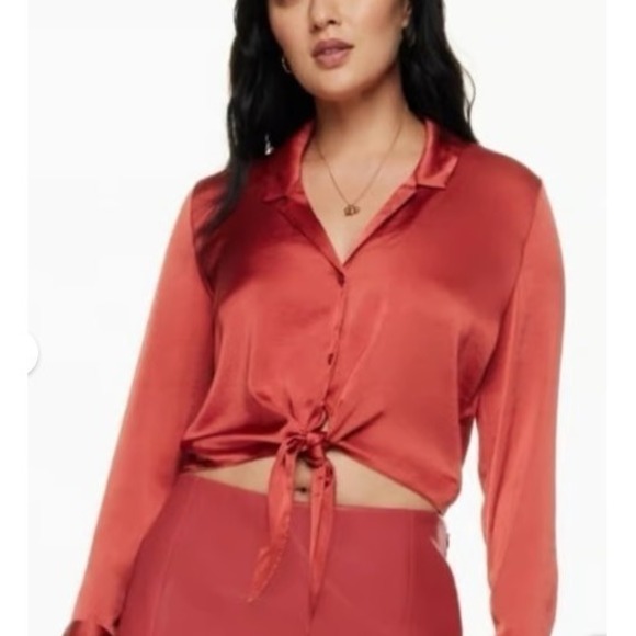 Wilfred Tops - Wilfred Aritzia XS Rust Satin Tie Front Blouse Long Sleeve NWT Chic